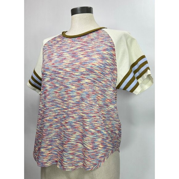WE THE FREE Tailgate Tee Sz S Multicolor Print Raglan Striped Sleeves Retro 70s - Picture 1 of 10
